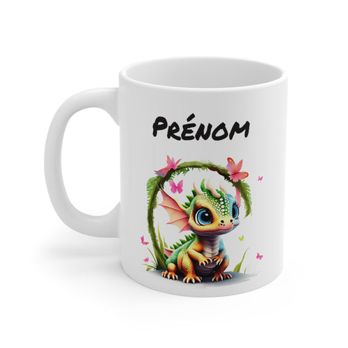 Mug Personnalisé Bébé Dragon Féérique 325ml – Tasse Céramique Prénom Fantasy Kawaii avec Papillons