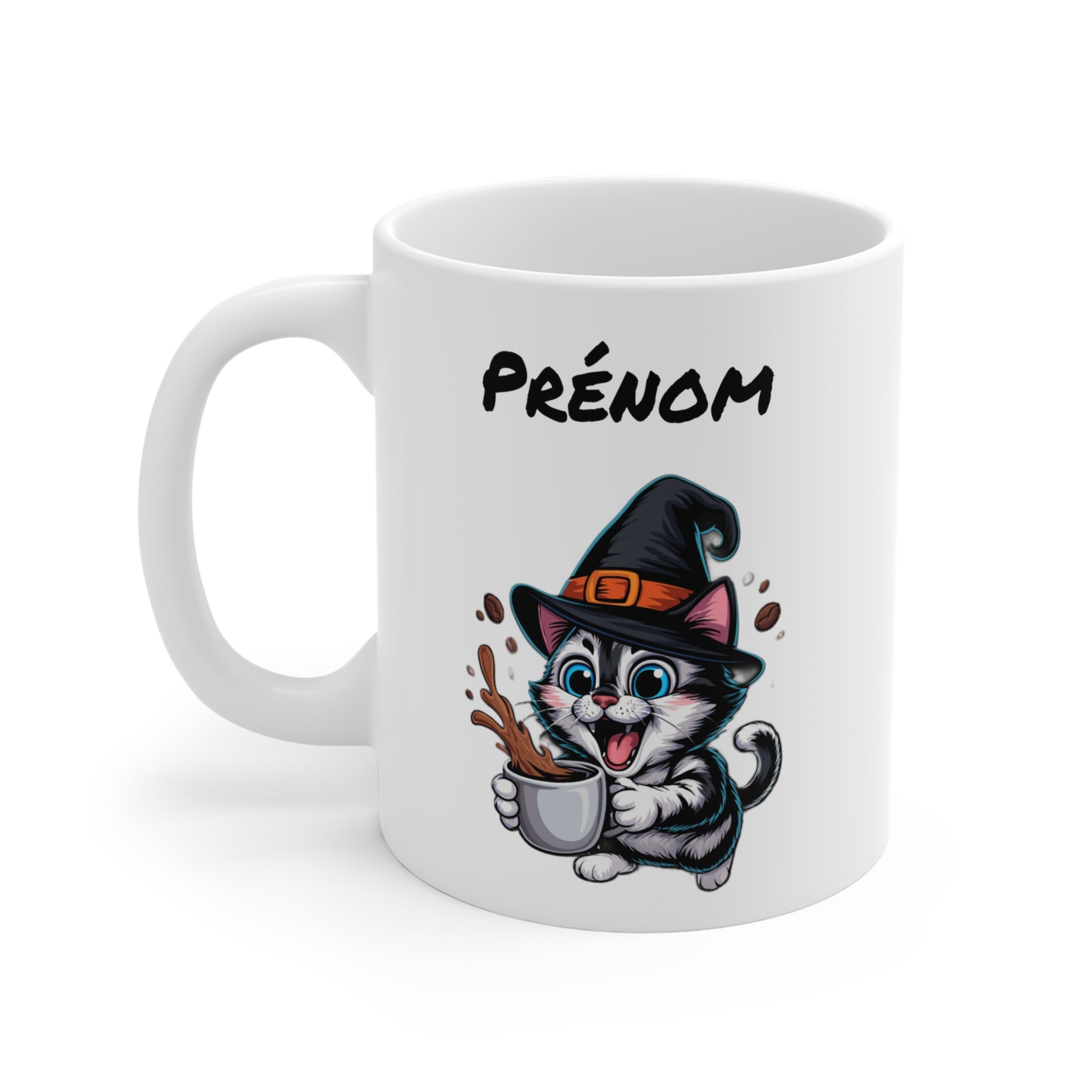 Mug Personnalisé Chat Sorcier Halloween 325ml – Tasse Céramique Prénom Chat Noir et Café – Cadeau Original Fête d’Halloween
