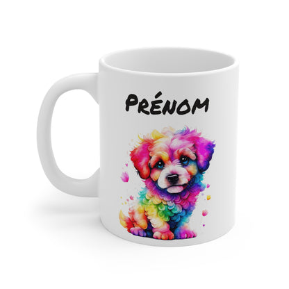 Mug Personnalisé Chiot Coloré 325ml – Tasse Céramique Prénom Chien Arc-en-Ciel Style Aquarelle – Cadeau Animal Mignon