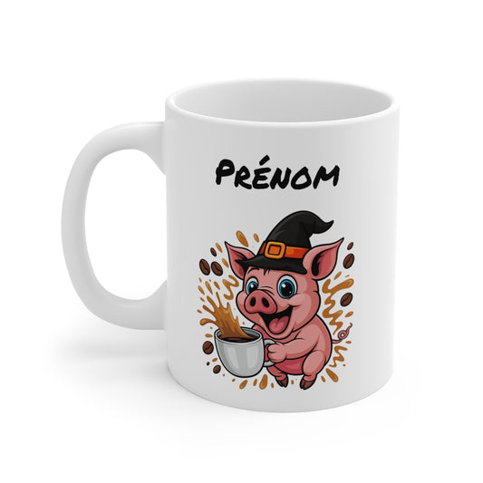 Mug Personnalisé Cochon Sorcier Halloween 325ml – Tasse Céramique Prénom Drôle et Festif – Cadeau Original