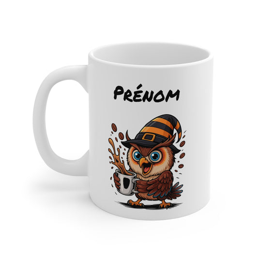 Mug Personnalisé Hibou Sorcier Halloween 325ml – Tasse Prénom Céramique Drôle et Festive – Cadeau Unique