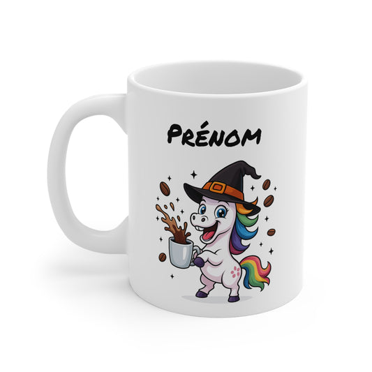 Mug Personnalisé Licorne Sorcière Halloween 325ml – Tasse Céramique Prénom Arc-en-Ciel Magique – Cadeau Original
