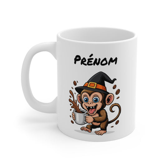 Mug Personnalisé Singe Sorcier Café – Tasse Halloween Animaux – Prénom au Choix – Cadeau Original