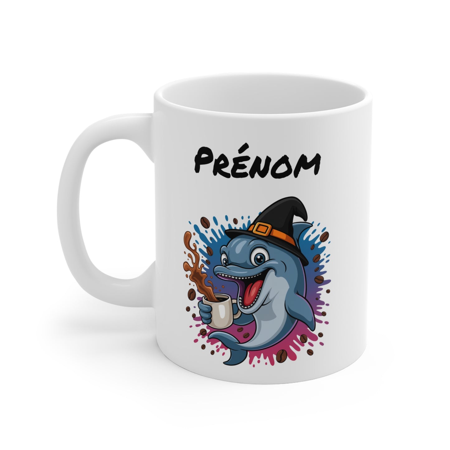 Mug Personnalisable Halloween Dauphin Sorcier – Tasse Prénom Céramique 325ml – Cadeau Fantaisie Café Thé Chocolat Chaud