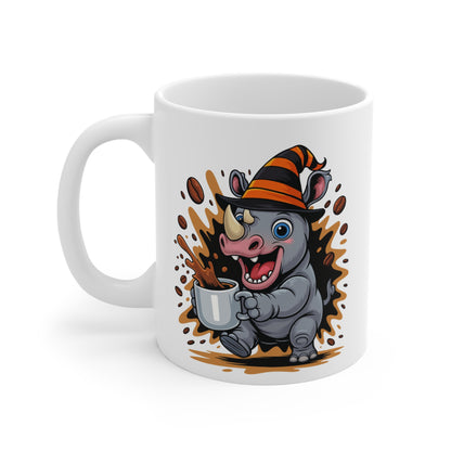 Mug Rhinocéros Sorcier Café – Tasse Céramique 325ml – Illustration Animalière Drôle Halloween