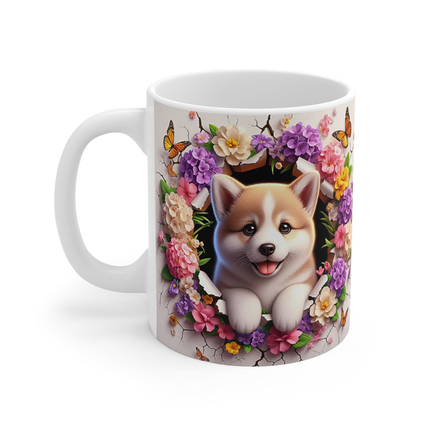 Tasse Céramique Akita Inu et Fleurs – Mug Chien Mignon Papillons – Cadeau Animaux Bohème 325ml