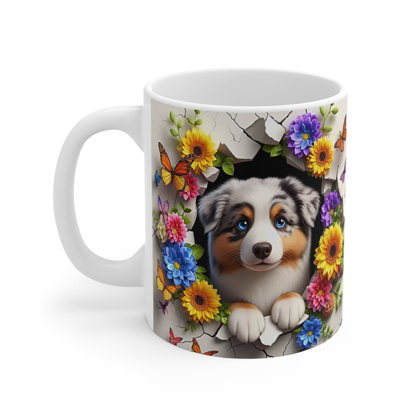 Tasse Céramique Berger Australien et Fleurs – Mug Chien Mignon Papillons – Cadeau Animaux Bohème 325ml