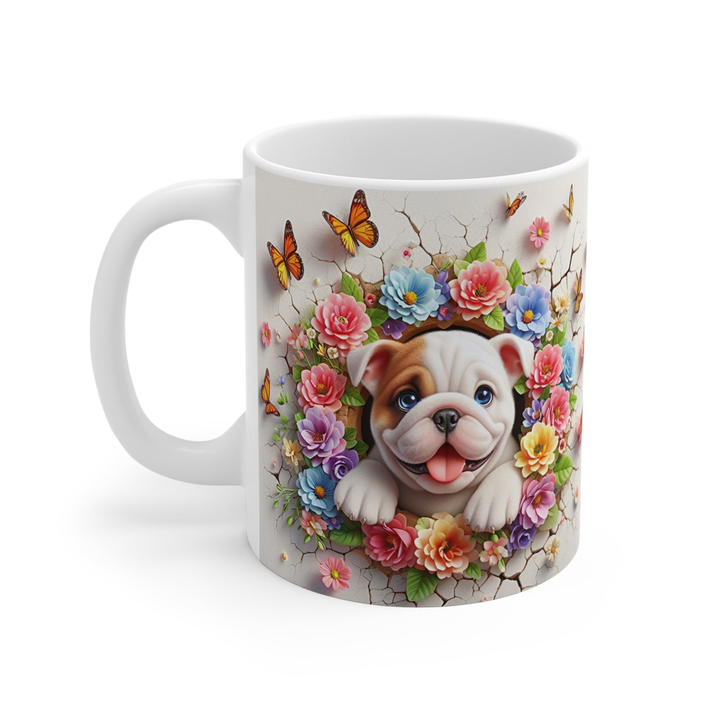 Tasse Céramique Bulldog et Fleurs – Mug Chien Mignon Papillons – Cadeau Animaux Bohème 325ml