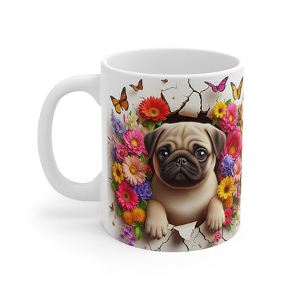 Tasse Céramique Carlin Pug et Fleurs – Mug Chien Mignon Papillons – Cadeau Animaux Bohème 325ml