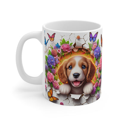 Tasse Céramique Cavalier King Charles et Fleurs – Mug Chien Mignon Papillons – Cadeau Animaux Bohème 325ml