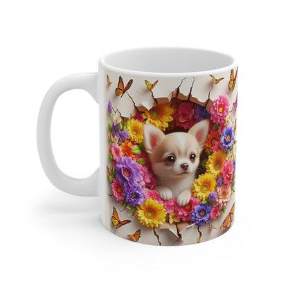 Tasse Céramique Chihuahua et Fleurs – Mug Chien Mignon Papillons – Cadeau Animaux Bohème 325ml