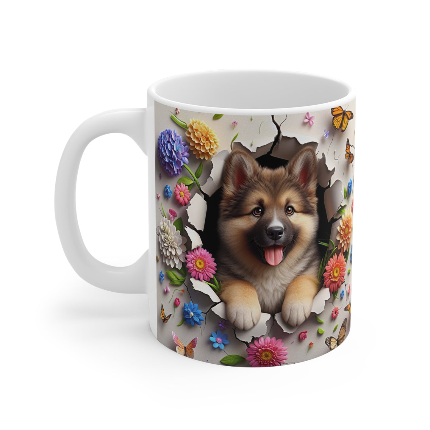 Tasse Céramique Chiot Berger et Fleurs – Mug Chien Mignon Papillons – Cadeau Animaux Bohème 325ml