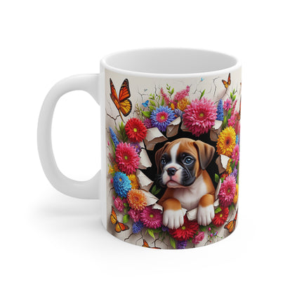 Tasse Céramique Chiot Boxer et Fleurs – Mug Chien Mignon Papillons – Cadeau Animaux Bohème 325ml