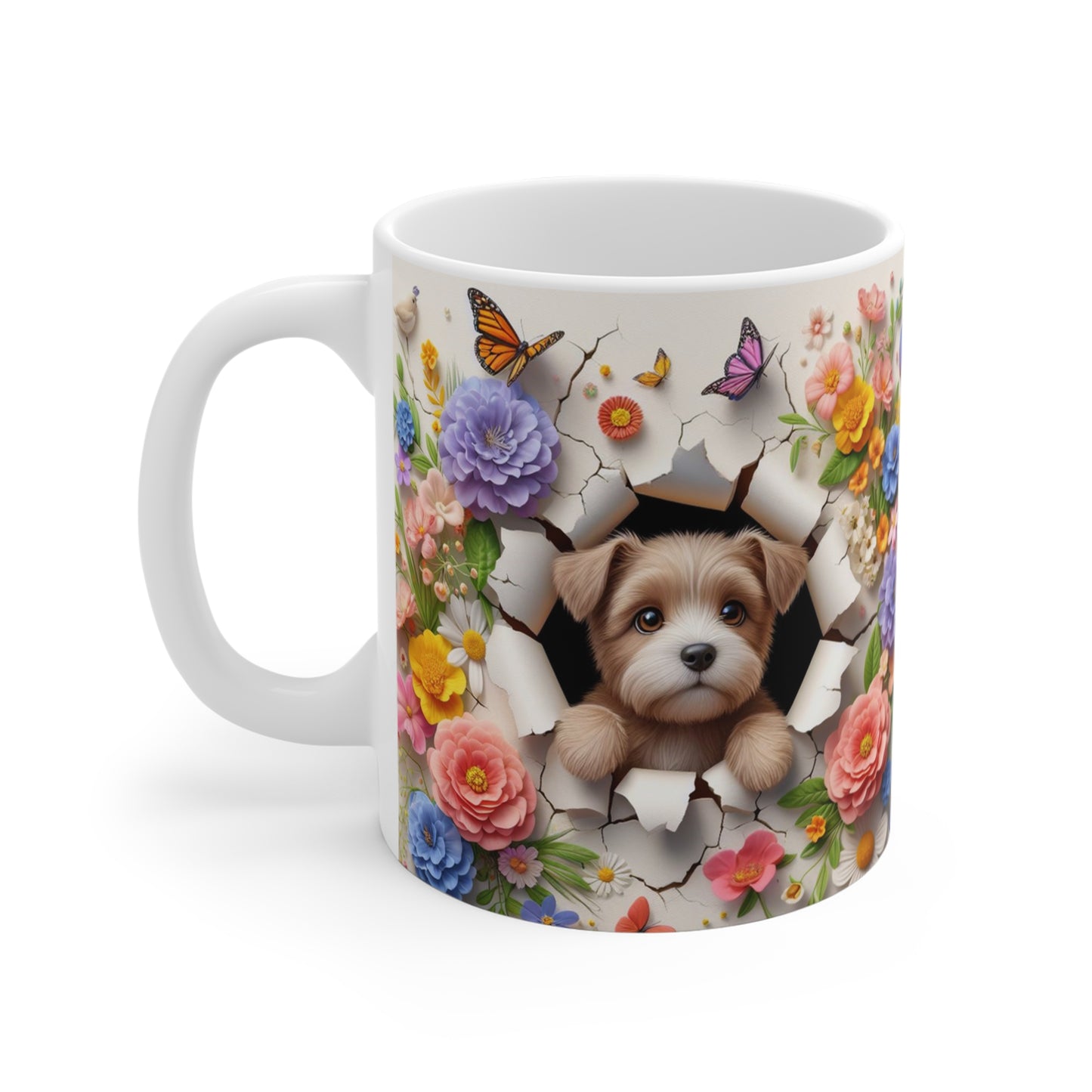 Tasse Céramique Chiot Terrier et Fleurs – Mug Chien Mignon Papillons – Cadeau Animaux Bohème 325ml