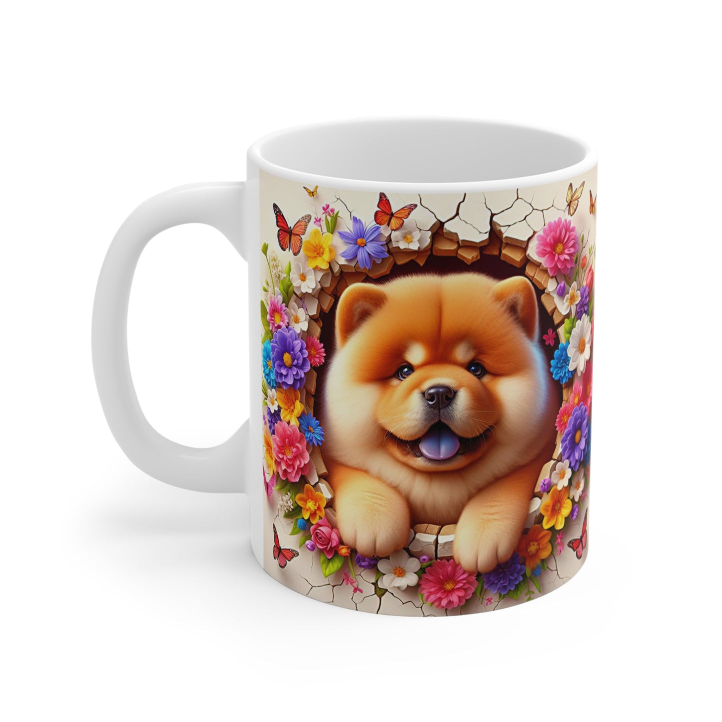 Tasse Céramique Chow-Chow et Fleurs – Mug Chien Mignon Papillons – Cadeau Animaux Bohème 325ml