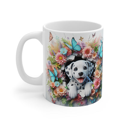 Tasse Céramique Dalmatien et Fleurs – Mug Chien Mignon Papillons – Cadeau Animaux Bohème 325ml