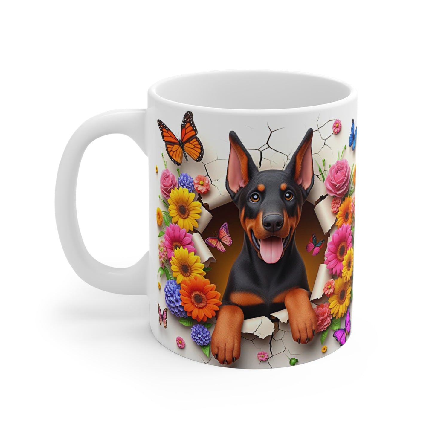 Tasse Céramique Doberman et Fleurs – Mug Chien Mignon Papillons – Cadeau Animaux Bohème 325ml