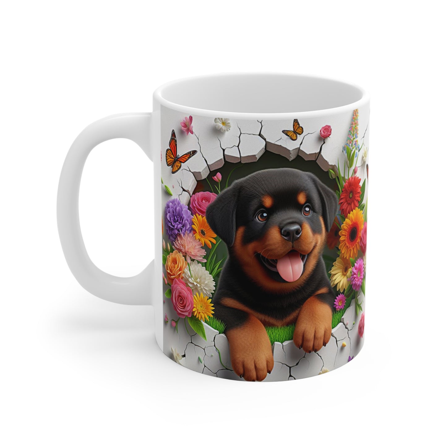 Tasse Céramique Rottweiler et Fleurs – Mug Chien Mignon Papillons – Cadeau Animaux Bohème 325ml