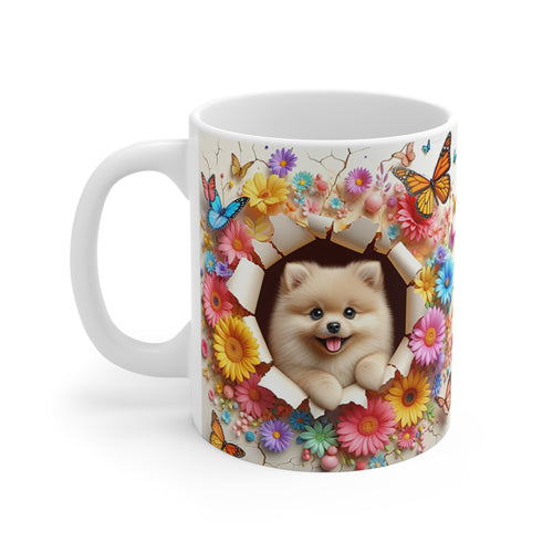 Tasse Céramique Spitz Nain Pomeranian et Fleurs – Mug Chien Mignon Papillons – Cadeau Animaux Bohème 325ml