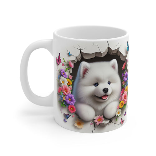 Tasse Chiot Blanc & Papillons – Mug Fleuris Coloré Printemps – Cadeau Mignon 325ml