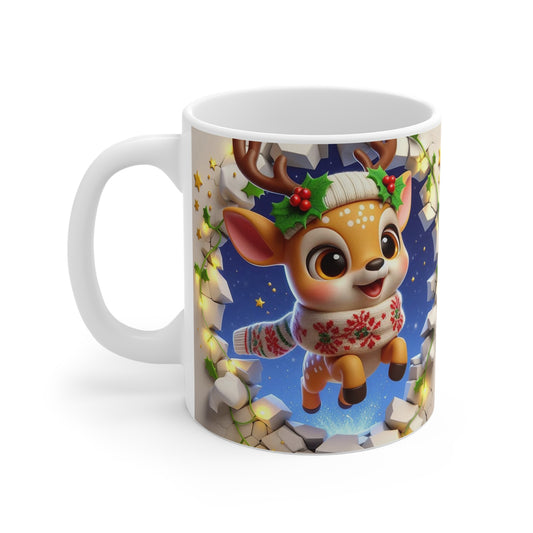 Tasse Noël 325ml – Mug Céramique Faon Cartoon avec Pull et Bonnet – Cadeau Magique Hiver Fêtes
