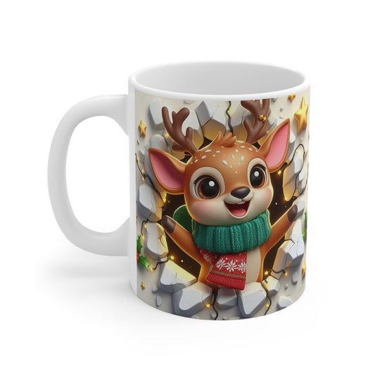 Tasse Noël 325ml – Mug Céramique Faon Cartoon avec Pull et Guirlandes – Cadeau Original Hiver Fêtes