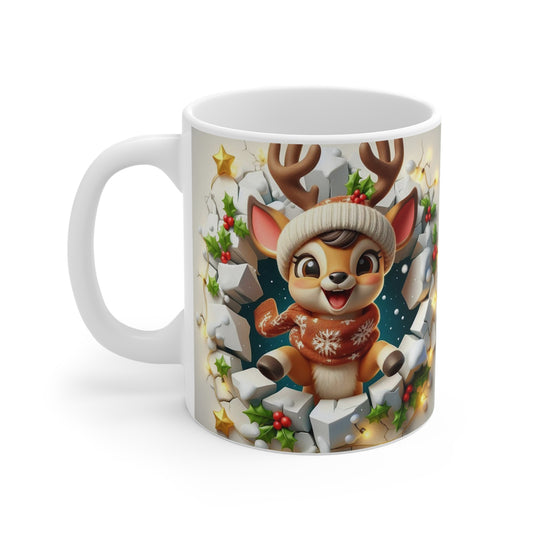 Tasse Noël 325ml – Mug Céramique Faon Cartoon en Pull Rouge et Bonnet – Cadeau Hiver Fêtes