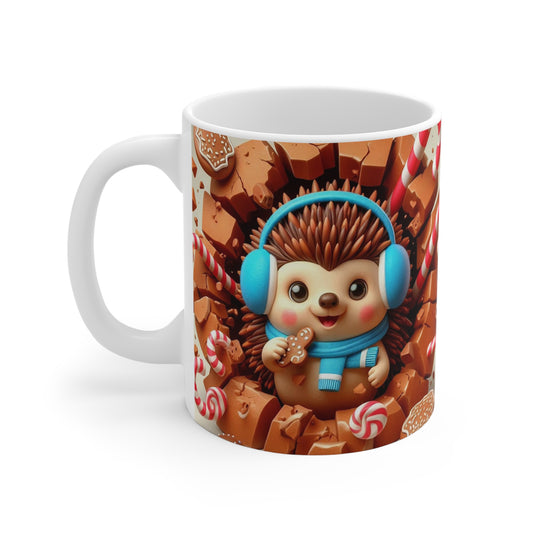 Tasse Noël 325ml – Mug Céramique Hérisson Mignon avec Biscuit et Bonbons – Cadeau Hiver Gourmand