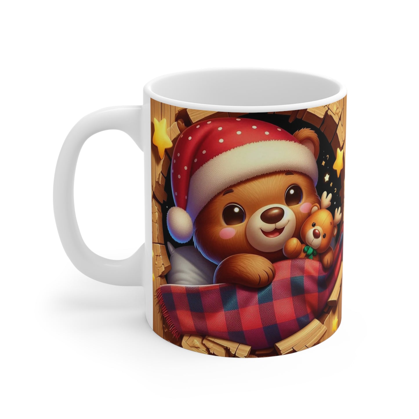 Tasse Ourson de Noël – Mug Céramique 325ml – Cadeau Hiver avec Doudou Renne et Bonnet Rouge