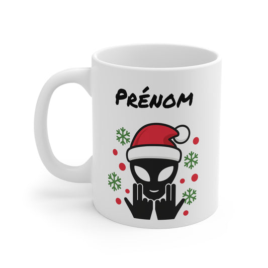 Tasse Personnalisable Alien Noël Jul – Mug Prénom Hiver Geek Fun 325ml – Cadeau Original Café Chocolat