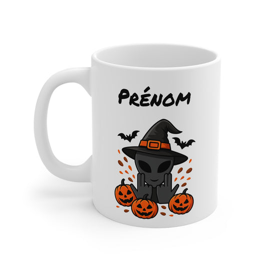 Tasse Personnalisable Alien Sorcier Halloween – Mug Prénom Citrouilles Signe Jul 325ml – Cadeau Original Geek