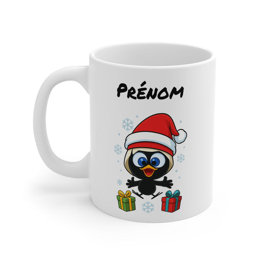 Tasse Personnalisable Calimero  Noël – Mug Prénom Festif Flocons et Cadeaux 325ml – Cadeau Original Hiver Café