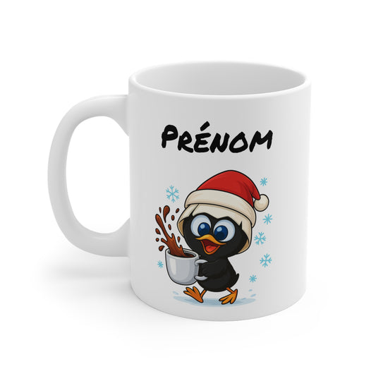 Tasse Personnalisable Calimero  Poussin Noël – Mug Prénom Festif Flocons Mignon 325ml – Cadeau Original Café