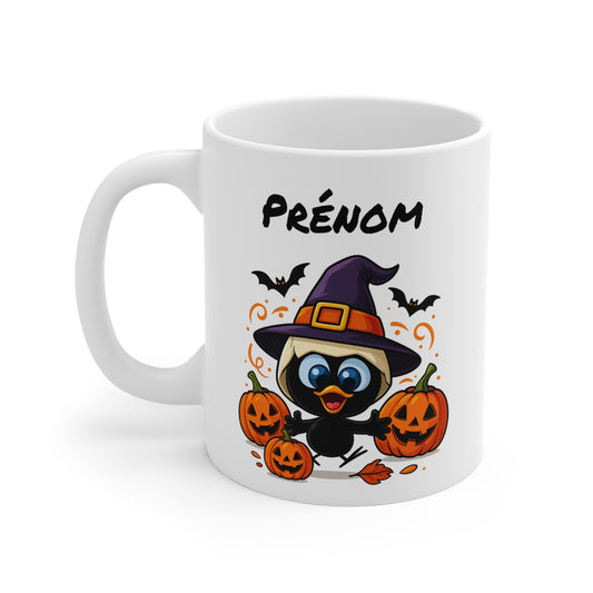 Tasse Personnalisable Calimero Sorcier Halloween – Mug Prénom Citrouilles Mignon 325ml – Cadeau Original Animaux