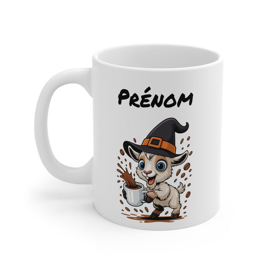 Tasse Personnalisable Chèvre Sorcière Café – Mug Prénom Céramique 325ml – Cadeau Drôle Halloween Animal Illustré