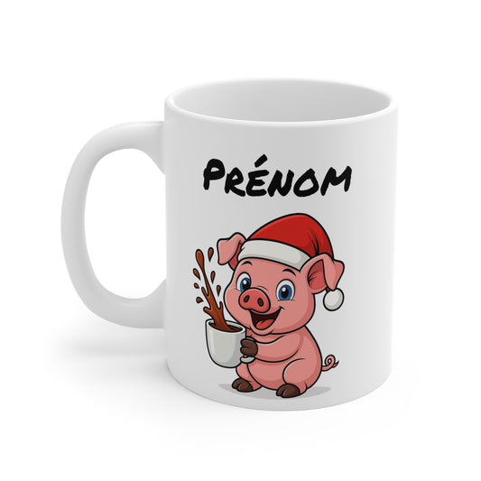 Tasse Personnalisable Cochon Noël – Mug Prénom Céramique 325ml – Cadeau Fêtes Mignon Original