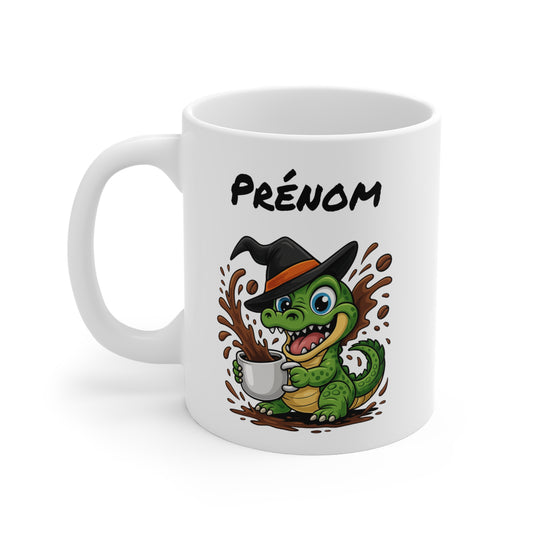 Tasse Personnalisable Crocodile Sorcier Café – Mug Prénom Halloween Mignon 325ml – Cadeau Original Animaux