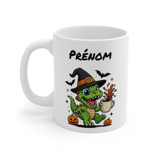 Tasse Personnalisable Dinosaure Sorcier Café – Mug Prénom Céramique 325ml – Cadeau Drôle Halloween Animal Illustré avec Citrouilles
