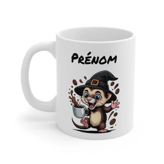 Tasse Personnalisable Furet Sorcier Café – Mug Prénom Céramique 325ml – Cadeau Drôle Halloween Animal Illustré
