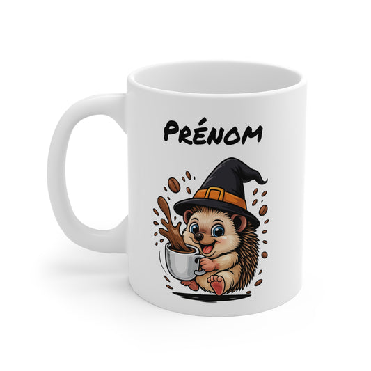 Tasse Personnalisable Hérisson Sorcière – Mug Halloween Prénom 325ml – Cadeau Fantaisie Original