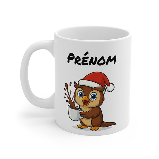 Tasse Personnalisable Hibou Noël – Mug Prénom Céramique 325ml – Cadeau Fêtes Mignon Original