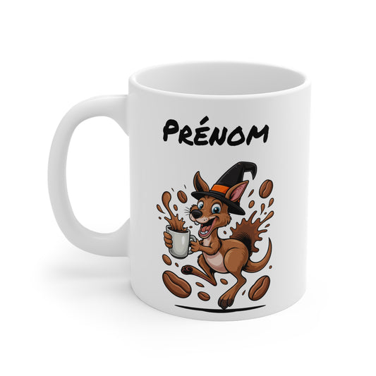 Tasse Personnalisable Kangourou Sorcier Café – Mug Prénom Céramique 325ml – Cadeau Drôle Halloween