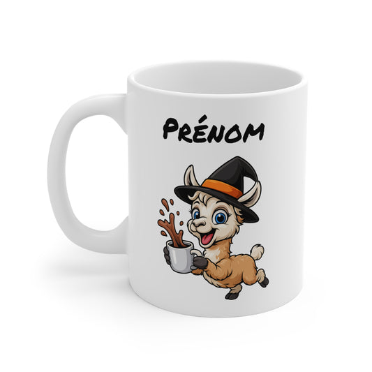 Tasse Personnalisable Lama Sorcier Café – Mug Céramique 325ml avec Prénom – Illustration Halloween