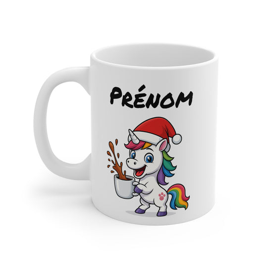 Tasse Personnalisable Licorne Noël – Mug Prénom Céramique 325ml – Cadeau Fêtes Mignon Original Micro-ondes Lave-vaisselle