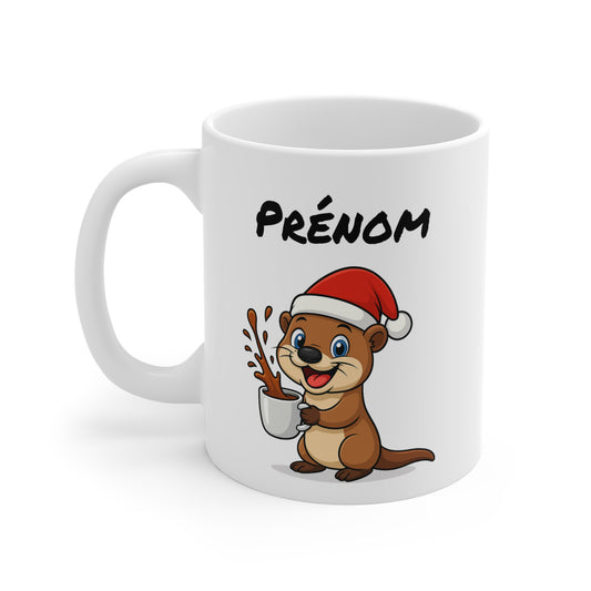 Tasse Personnalisable Loutre Noël – Mug Prénom Céramique 325ml – Cadeau Fêtes Mignon Original