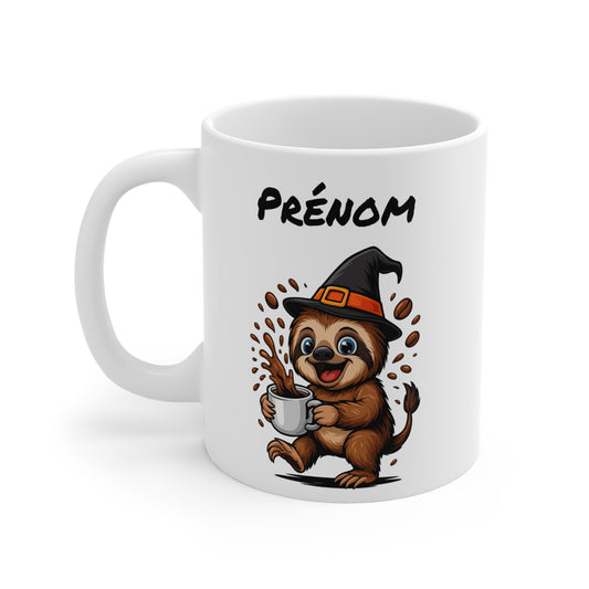 Tasse Personnalisable Paresseux Sorcier Café – Mug Prénom Halloween Mignon 325ml – Cadeau Original Animaux