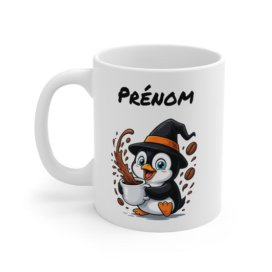 Tasse Personnalisable Pingouin Sorcière – Mug Halloween Prénom 325ml – Cadeau Fantaisie Original
