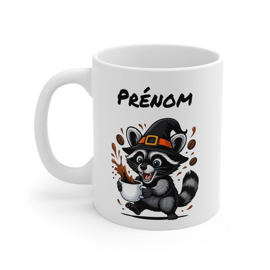 Tasse Personnalisable Raton Laveur Sorcier Café – Mug Prénom Céramique 325ml – Cadeau Drôle Halloween Animal Illustré