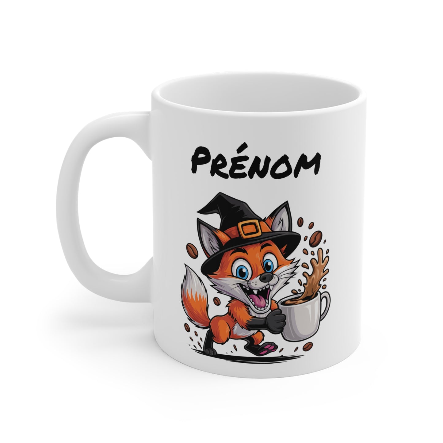 Tasse Personnalisable Renard Sorcier Café – Mug Prénom Céramique 325ml – Cadeau Drôle Halloween Animal Illustré
