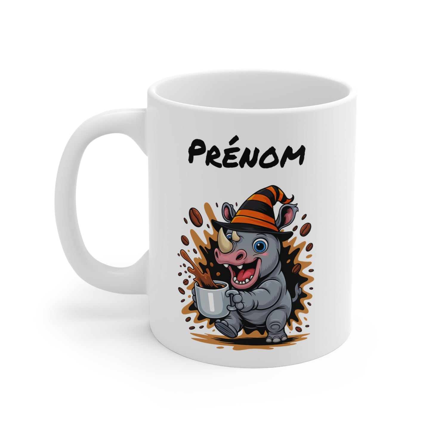 Tasse Personnalisable Rhinocéros Sorcier Café – Mug Prénom Céramique 325ml – Cadeau Drôle Halloween Animal Illustré